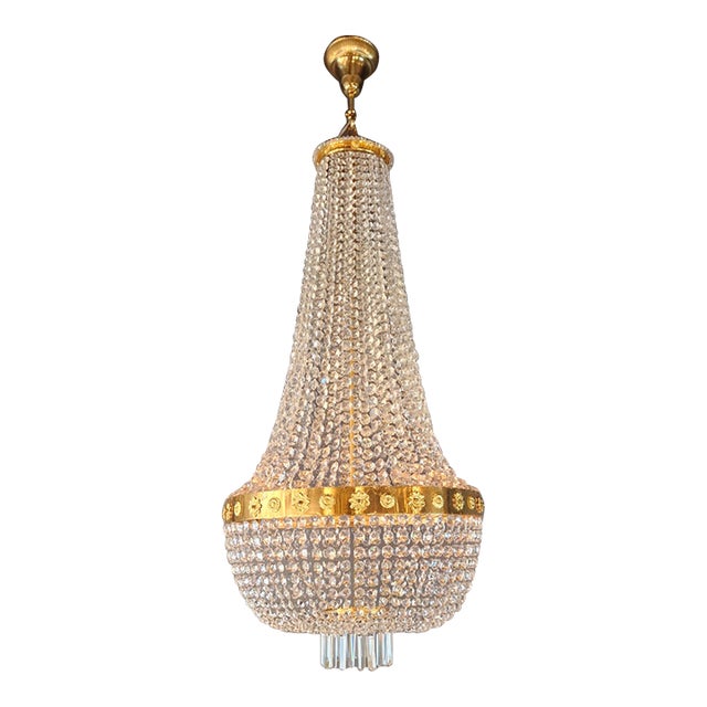 Vintage Large Crystal Tent and Basket Crystal Chandelier Gold Ornaments For Sale