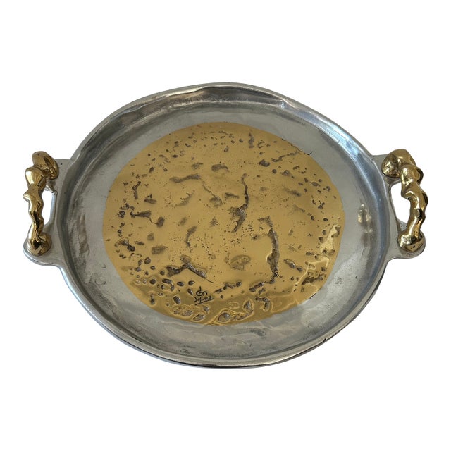 1980s David Marshall Brutalist Aluminum and Brass Large Handled Tray For Sale