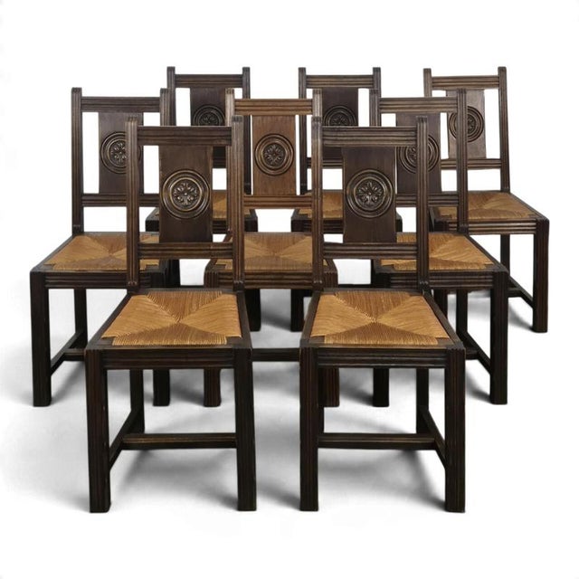Straw-Seated Chairs with a Backrest Carved with a Rosette, 1920s, Set of 8 For Sale - Image 9 of 9