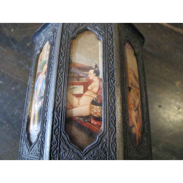 Chinese pewter tea caddy. Octagonal shape with 8 painted inset panels showing erotic scenes and engraved accents. Hardware...