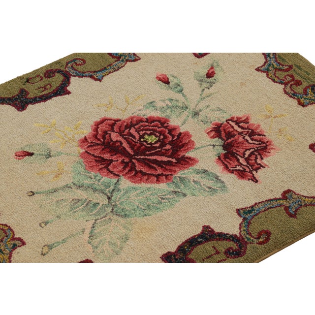 Rug & Kilim Antique Hooked Square Rug in Beige With Floral Medallion, From Rug & Kilim For Sale - Image 4 of 7