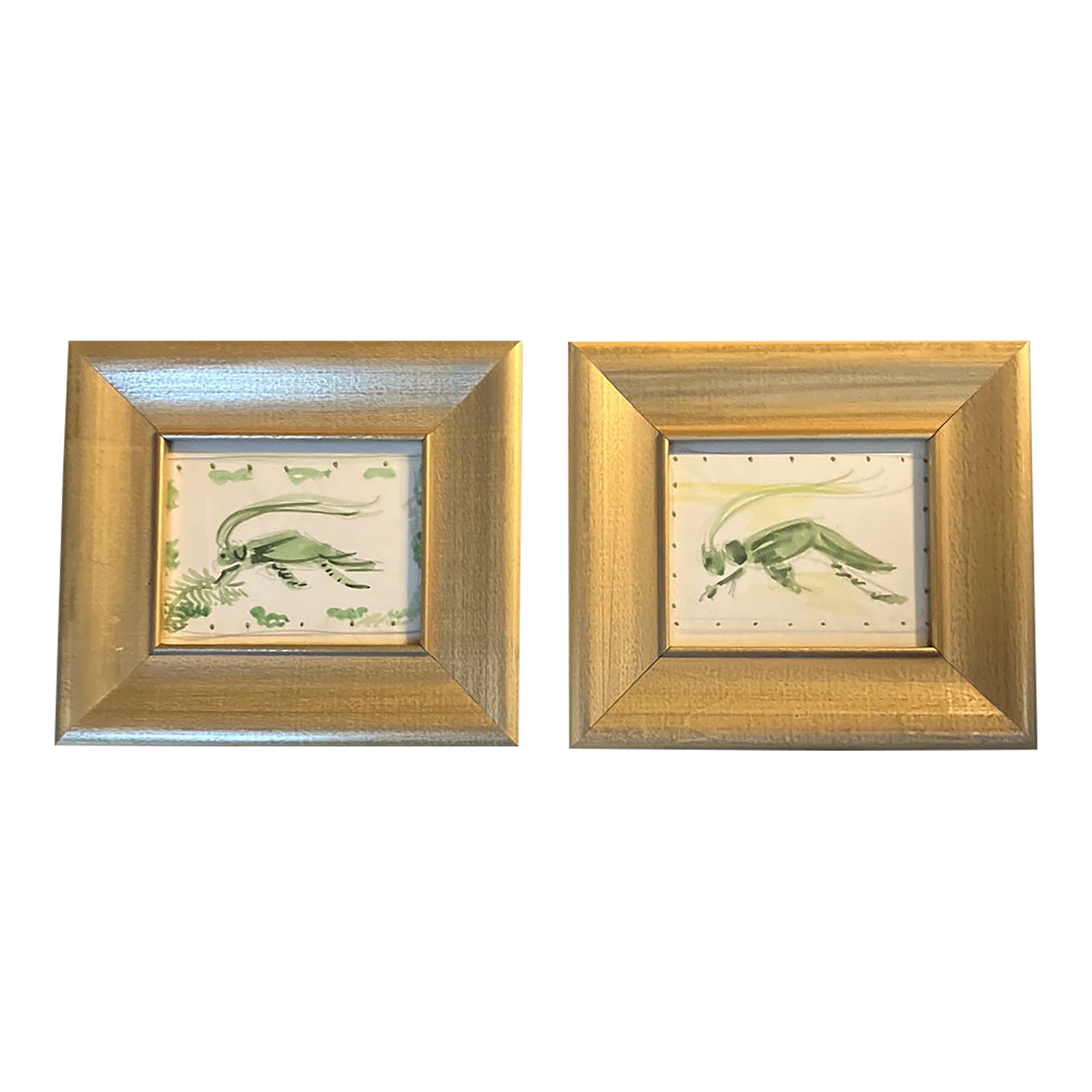 1970’s 2 Small Grasshopper Watercolor Paintings Gilt Wood Frames -a ...