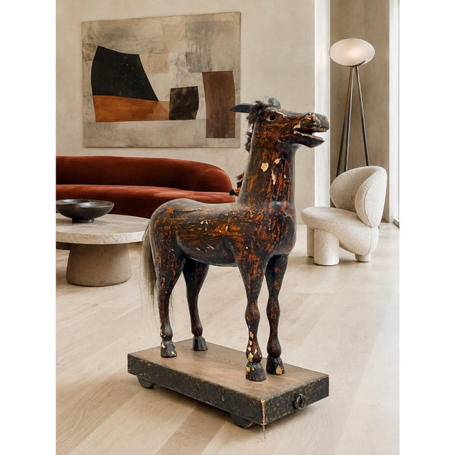 American Antique European Hand Carved Wooden Horse Folk Art Sculpture on Wheeled Base For Sale - Image 3 of 16