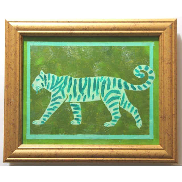 A tiger silhouette in shades of forest, mint, aqua greens with a matching border. Abstract, Minimalism, Folk Art, English...