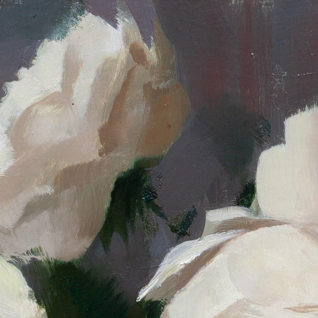 2020s Contemporary Roses III by Jon Doran | Oil on Panel Open White Roses on Grey Still Life For Sale - Image 5 of 9