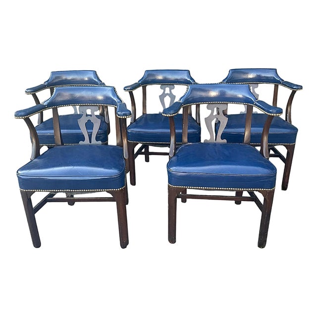 Vintage 1940s Blue Leather and Walnut Grand Ledge Chair Company Club Chairs - Rare Find For Sale