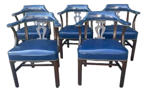 Vintage 1940s Blue Leather and Walnut Grand Ledge Chair Company Club Chairs - Rare Find