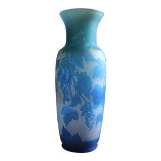 French Turquoise Blue and White Cameo Glass Vase, Signed For Sale