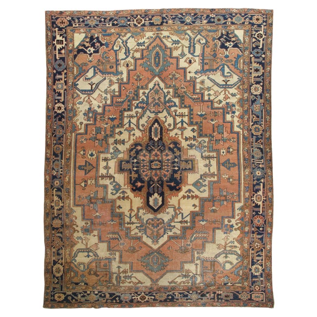 Antique Persian Serapi Carpet, Geometric, Ivory Hand Knotted Wool Oriental Rug For Sale - Image 18 of 18