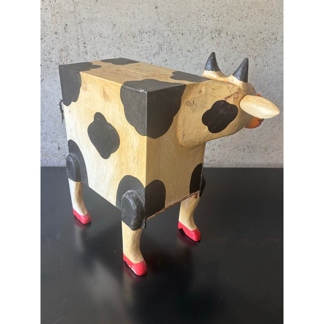 Cream Vintage Hand Painted Folk Art Cow Bank Whimsical Wood Animal Sculpture For Sale - Image 8 of 8