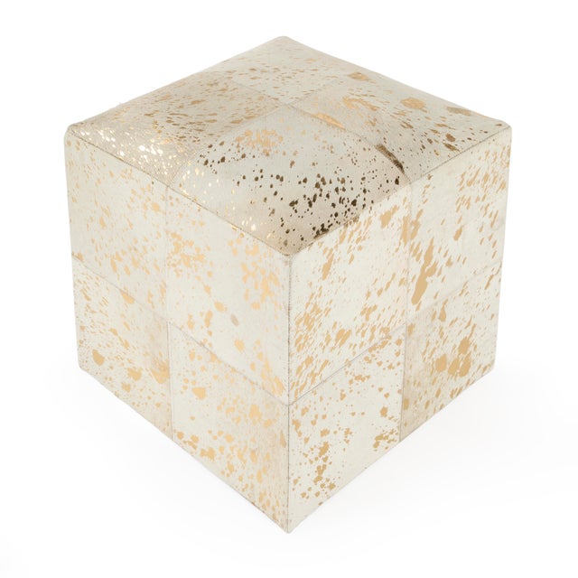 Modern Victorian Hair on Hide with Spots Cube Ottoman, White & Gold For Sale - Image 3 of 10