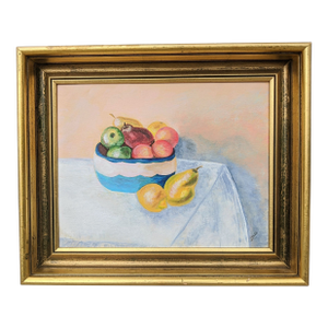 Original Still Life Fruit in a Bowl Painting in Gilded Gold Wooden Frame Signed by the Artist