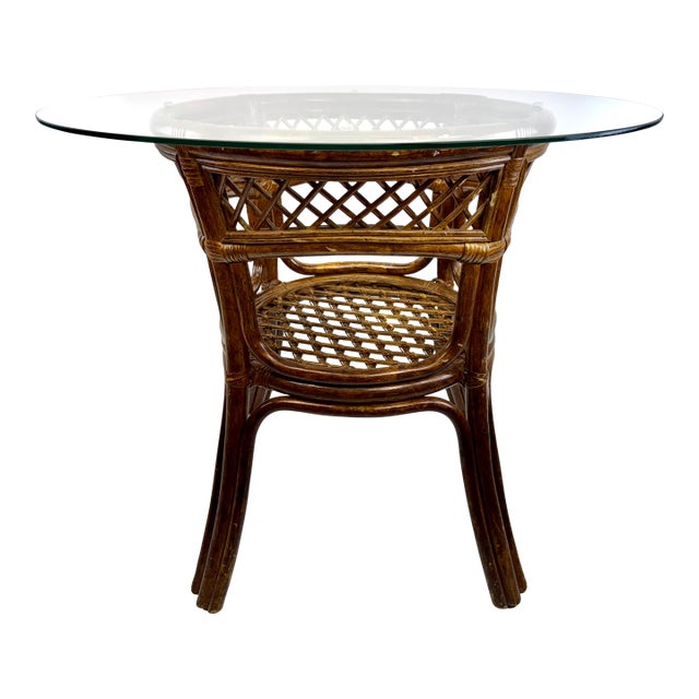 Vintage Coastal Rattan and Glass Top Side Table in the Style of McGuire For Sale