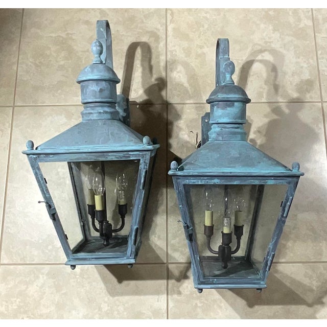 Large Pair of Vintage Solid Brass Wall Lanterns - 12”x 12”x 24” For Sale - Image 9 of 15