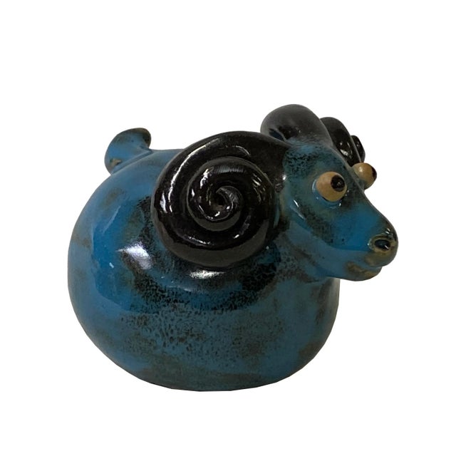 2020s Handmade Navy Blue Ram Small Ceramic Animal Figure Display Art For Sale - Image 5 of 9