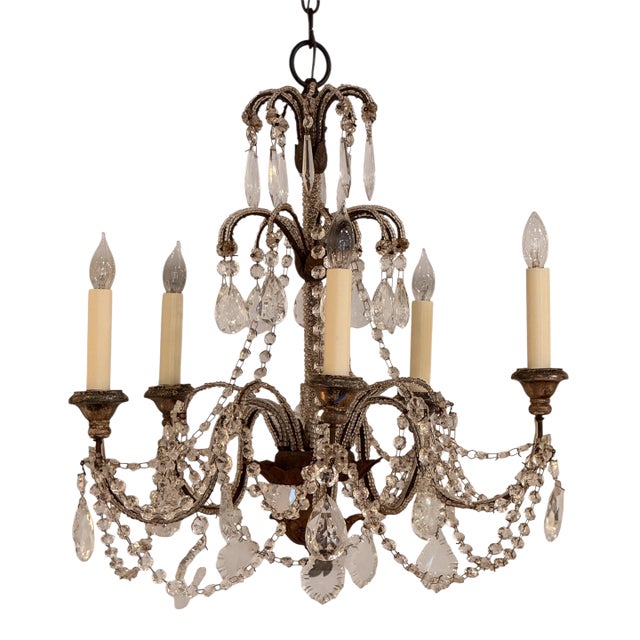 Italian Crystal Chandelier With Draped Beading For Sale