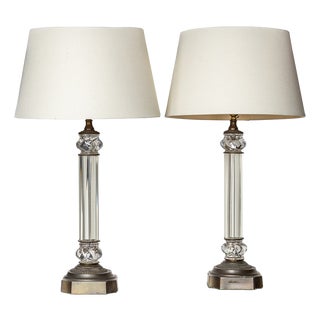 French Column Crystal and Bronze Table Lamps, 1979, Set of 2 For Sale