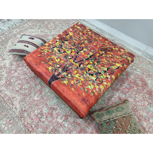 Wood Tree Pattern Rug Upholstered Walnut Coffee Table For Sale - Image 7 of 9