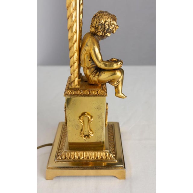 Mid-Century French Brass Table Lamp with Putti Reading in Front of a Harp, 1960s For Sale - Image 9 of 15
