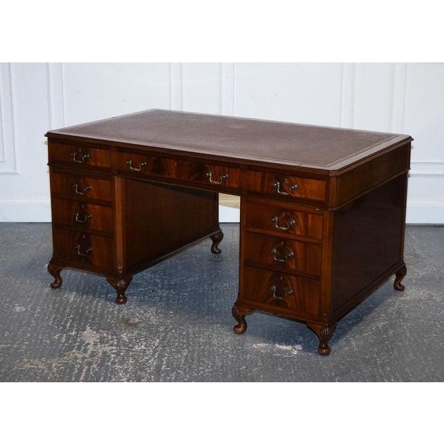 Lovely Rare Globe Wernicke Burgundy Embossed Leather Twin Pedestal Desk. This one-of-a-kind Globe Wernicke Burgundy...