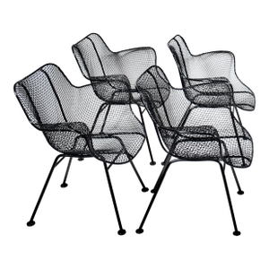 Set of 4 Russell Woodard "Sculptura" Black Iron Mesh Dining Armchairs, 1950s, Attributed