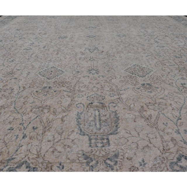 Tan Vintage Turkish Oushak Rug, Distressed Floral Design, Cream & Blue 9'5 X 11'10 For Sale - Image 8 of 16
