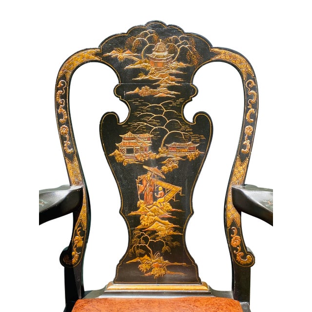 Vintage Chinese Chippendale Antique Style Chair With Leather Seat For Sale - Image 4 of 13