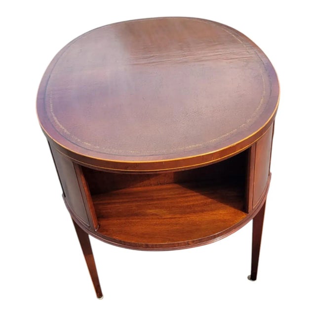 Brown 1920s English Hepplewhite Mahogany Oval Leather Top Writing Desk Inlaid & Drawer For Sale - Image 8 of 18