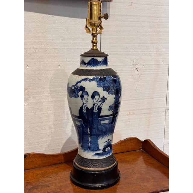 Blue 1950s Blue and White Chinese Porcelain Lamp For Sale - Image 8 of 11
