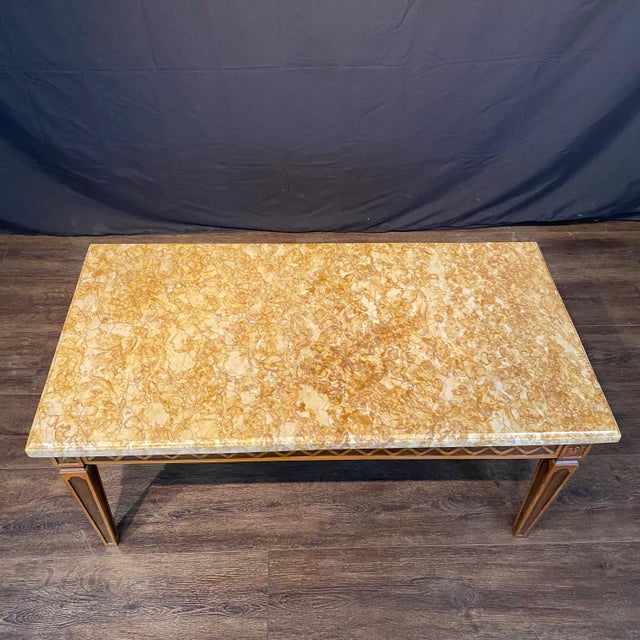French Louis XVI Style Coffee Table With Marble Top and Geometric Lattice Design For Sale - Image 4 of 9