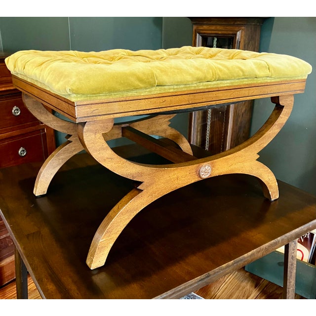 Vintage Regency-Style X-Base Bench by Gilliam Furniture, Featuring Tufted Chartreuse Velvet Upholstery For Sale - Image 4 of 18