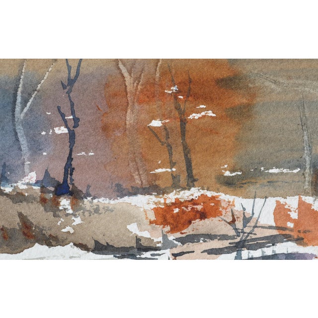 Impressionist Maryann Stow Frozen Pond Watercolor Landscape circa 1980 For Sale - Image 3 of 7