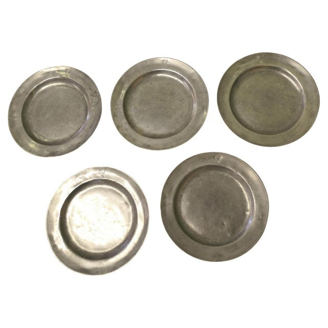 Antique Pewter Chargers Embossed with Crown Over D, Set of 5 For Sale - Image 9 of 9