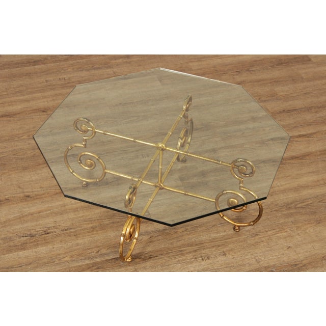 Hollywood Regency Hollywood Regency Faux Bamboo Gilt Metal Glass Top Coffee Table For Sale - Image 3 of 13