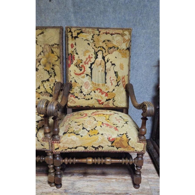 Antique Carved Wooden Armchairs with Figurative Tapestry in Petit Point, Set of 2 For Sale - Image 6 of 10