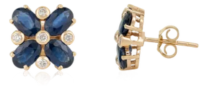 Vintage 3.91 Carat Blue Sapphire Diamond Flower Stud Earrings in 14k Yellow Gold- A Pair