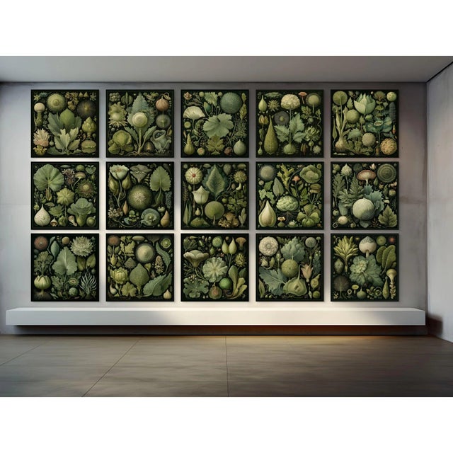 Set of 15 - Organic Modern Gallery Wall Installation Botanical Prints - Dark Green, Unframed Dimensions: Individual Print...