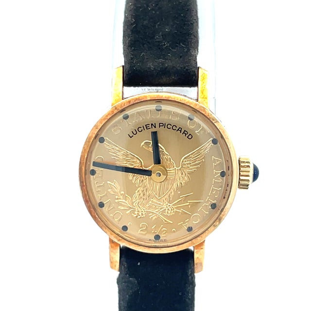 Mid 20th Century Lucien Piccard 14k Yellow Gold Manual Wind Coin Watch For Sale - Image 4 of 8