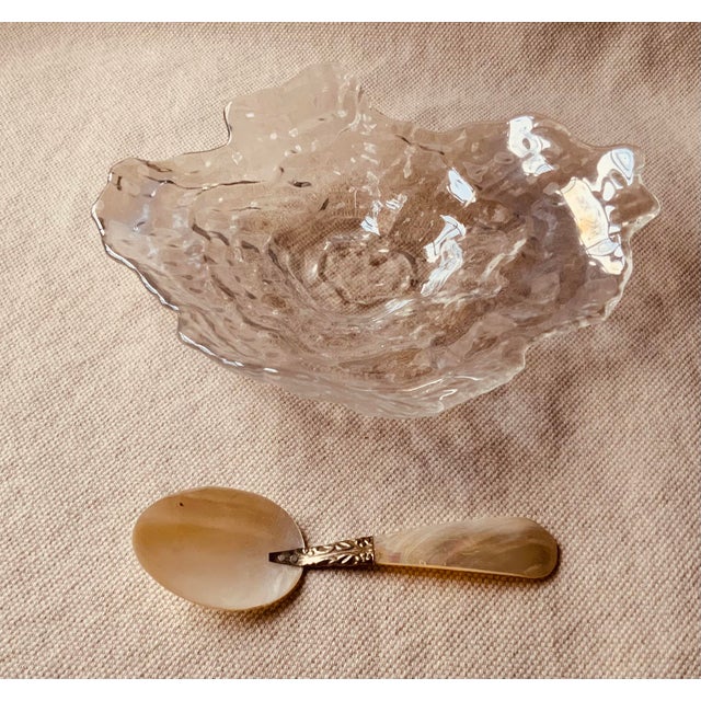 Mid 20th Century Crystal Oyster Shell Caviar Dish With Full Mother-of-Pearl & Engraved Silver Spoon For Sale - Image 10 of 15