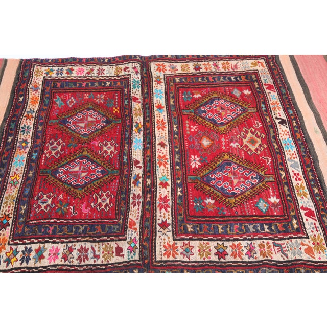 Vintage Tribal Kurdish Sumak Embroidery Kilim – Handwoven Floor Textile -3' 5'' X 5' 11'' For Sale - Image 9 of 11
