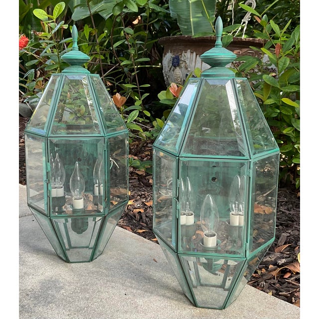 Pair of Vintage Solid Brass Wall Lanterns – Large Beveled Glass Sconces For Sale - Image 4 of 17