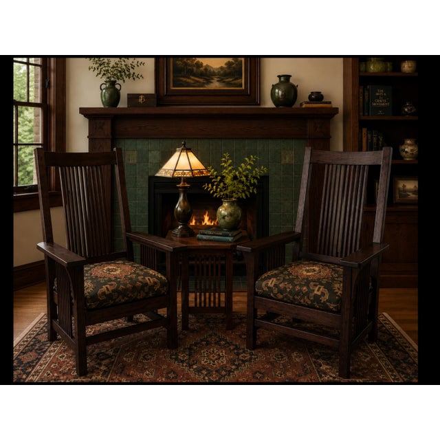 A distinguished pair of authentic Stickley Handcraft Craftsman Mission armchairs, expertly crafted in solid quarter-sawn...