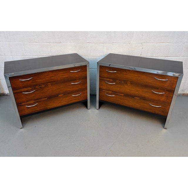 Mid-Century Modern Pair of Mid 20th Century Rosewood and Chrome Three Drawer Dressers For Sale - Image 3 of 14