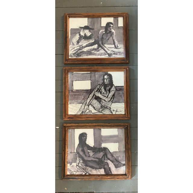 Wood 1970’s Original Watercolor Paintings/Charcoal Drawings Abstract Nudes Vintage Wood Frames Signed-Set of 3 For Sale - Image 7 of 7