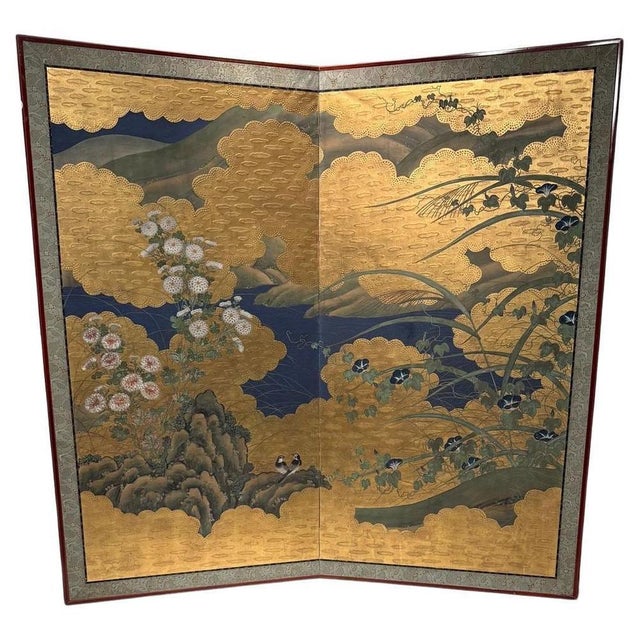 Breathtaking Japanese two panels screen. Flowers and birds painted on paper and gold leafs. Hugely decorative as a screen...
