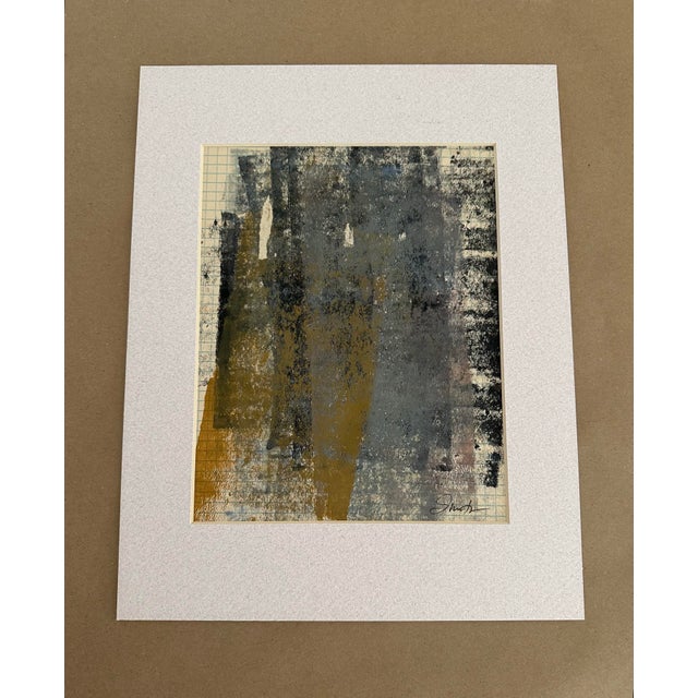 An original abstract composition built from layers of charcoal, warm ochre, taupe, cream, and muted gray. Subtle fragments...