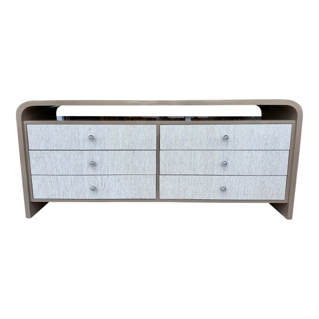 Waterfall Mica Dresser With Chrome Knobs & Grasscloth Drawers Front For Sale