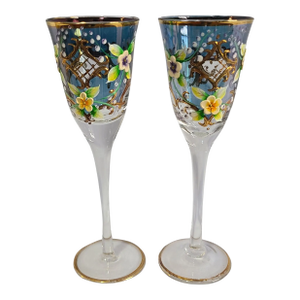 Vintage Pair of Venetian Bohemian Art Glass Hand Painted Enamel Apéritif Glasses