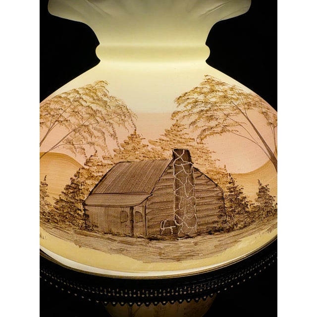 Art Deco Fenton Log Cabin Hurricane Lamp Hand Painted on Custard Glass For Sale - Image 3 of 14