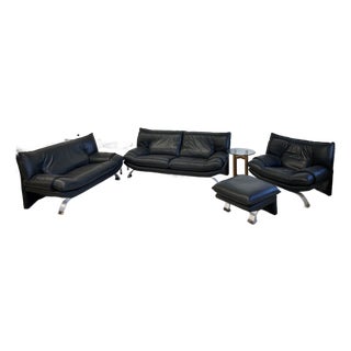 Nicoletti Salotti Italian Dark Gray/Black Leather Three Piece Set (Couch, Love Seat, Chair/Ottoman) For Sale